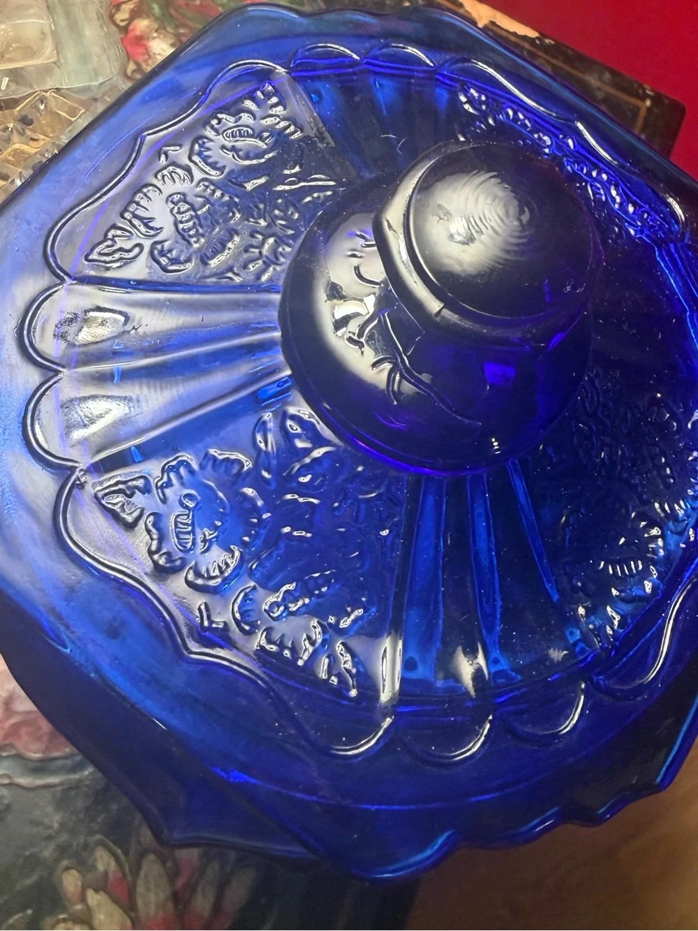 Anchor Hocking Cobalt Blue Floral Glass Biscuit Barrel  Lid